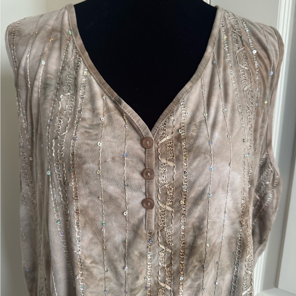 Sami & Jo Beige Sequin Sleeveless V-Neck Tunic Blouse Plus Size 2X